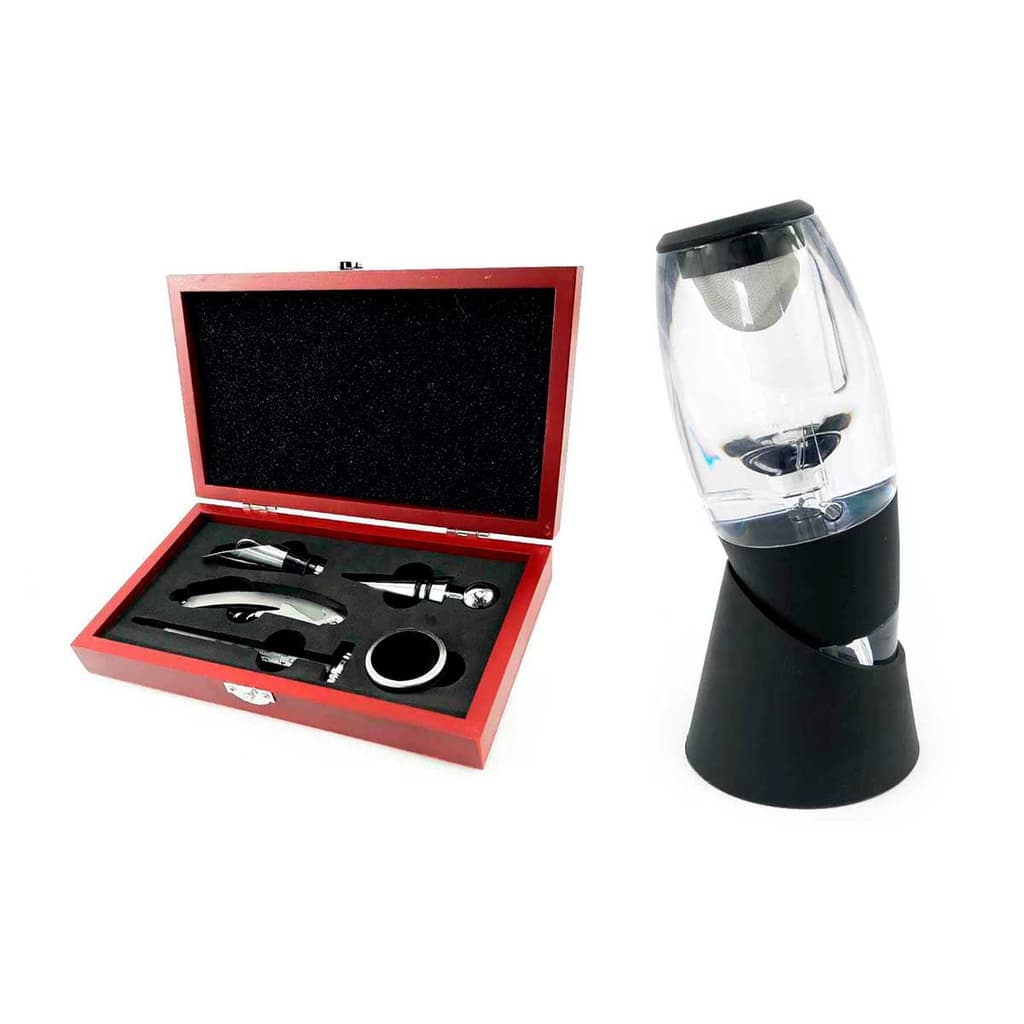 Kit Acessórios De Vinho 5  Peças Dosador Saca Rolha Com Caixa de Madeira + Aerador De Vinho Magic Decanter C/ Filtro