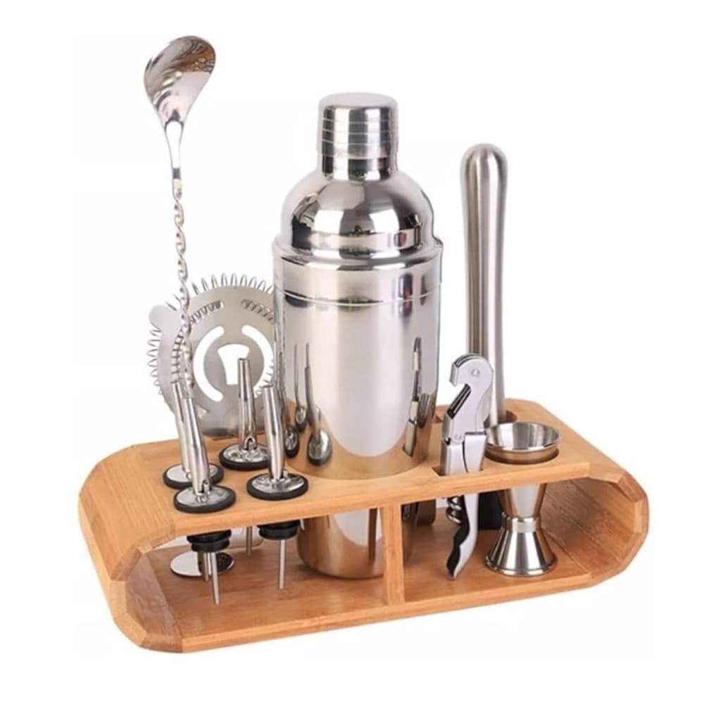 Kit Coqueteleira Bar Profissional Para Drinks Bebidas 550ml Inox Com 12 Peças Drinks Barman Caipirinha Bar Suporte de Madeira