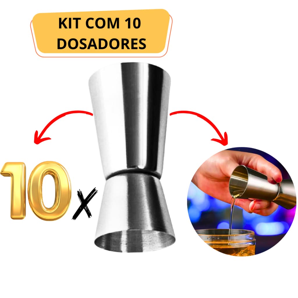 Kit 10 Dosadores - Dosador de Bebibas 60/30 ml 100% Inox Duplo Medidor Barmen Bartender  Drink