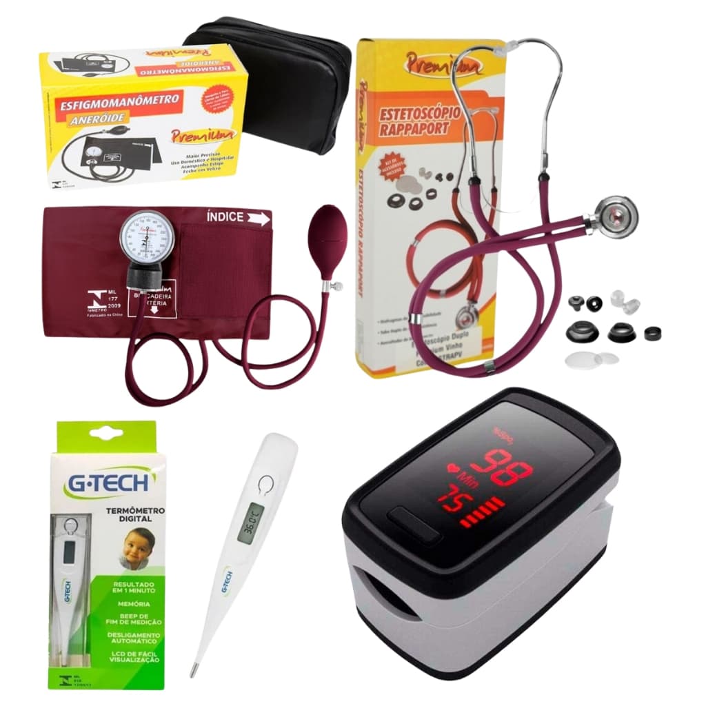 Kit com medidor de batimentos estetoscópio esfigmomanômetro e termômetro VINHO