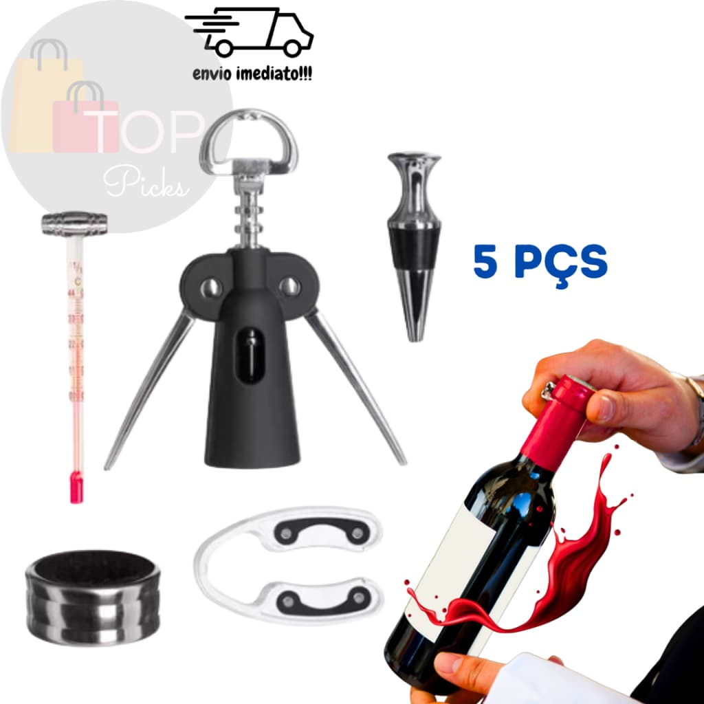 Kit Acessórios Para Vinho Sommelier 5 Peças Hauskraft Kit Com Cortador De Lacre Saca Rolhas Tampa Para Garrafa De Vinho E Champagne Anel Corta Gotas E Termômetro