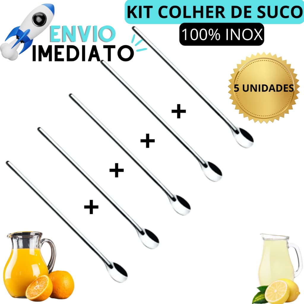 KIT 5 Colher Bailarina Para Suco Drinks Colher Longo Alcance Colher de Suco Em Aço Inox 30cm Bares Restaurantes