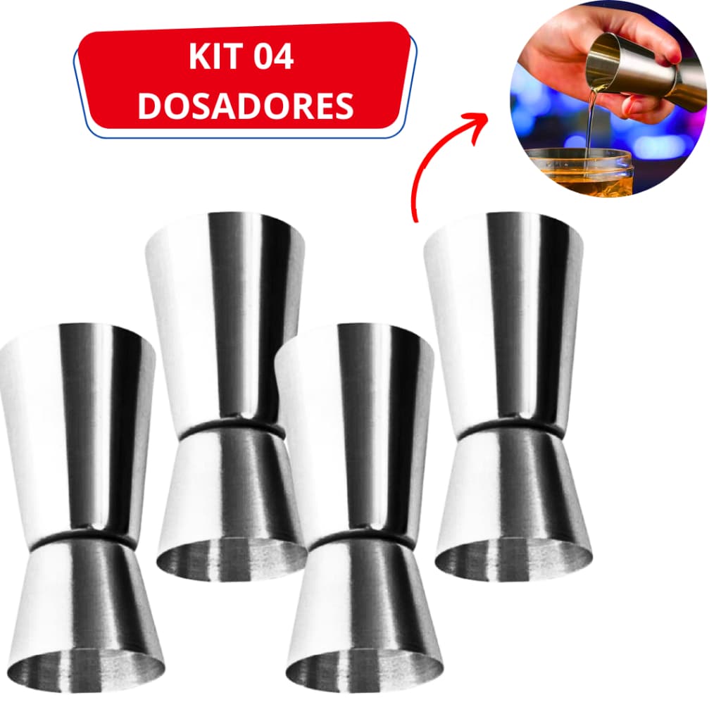 Kit 4 Dosadores - Dosador de Bebibas 100% Inox Duplo Medidor Barmen Bartender 60/30 ml Drink
