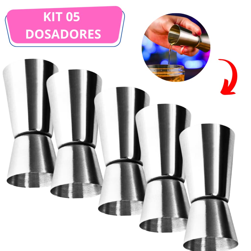 Kit 5 Dosadores - Dosador de Bebibas 100% Inox Duplo Medidor Barmen Bartender 60/30 ml Drink