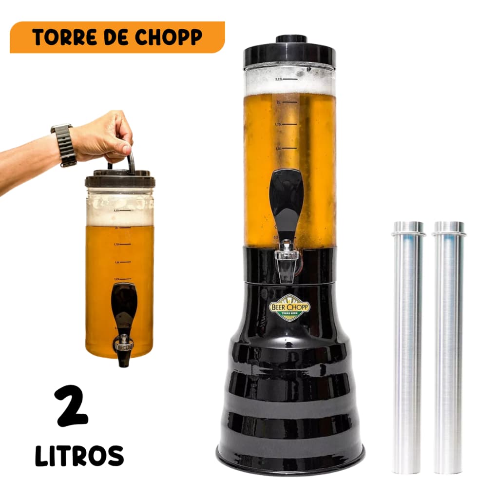 Torre Chopp Alumínio 2L Acessórios Alça Beer Chopp Geladíssimo Dispenser Chopeira