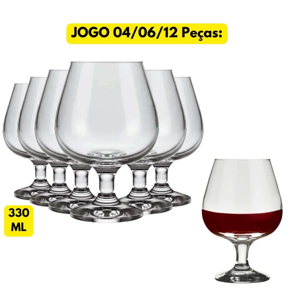 Jogo Kit 04/06/12 Taças Vidro 330ML Conhaque Destilados Drinks Bebidas Bar Restaurante Barman