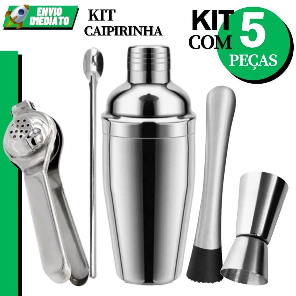 Kit Caipirinha Coqueteleira Inox 5 Peças - Espremedor Coqueteleira 750ml Socador Macerador Dosador
