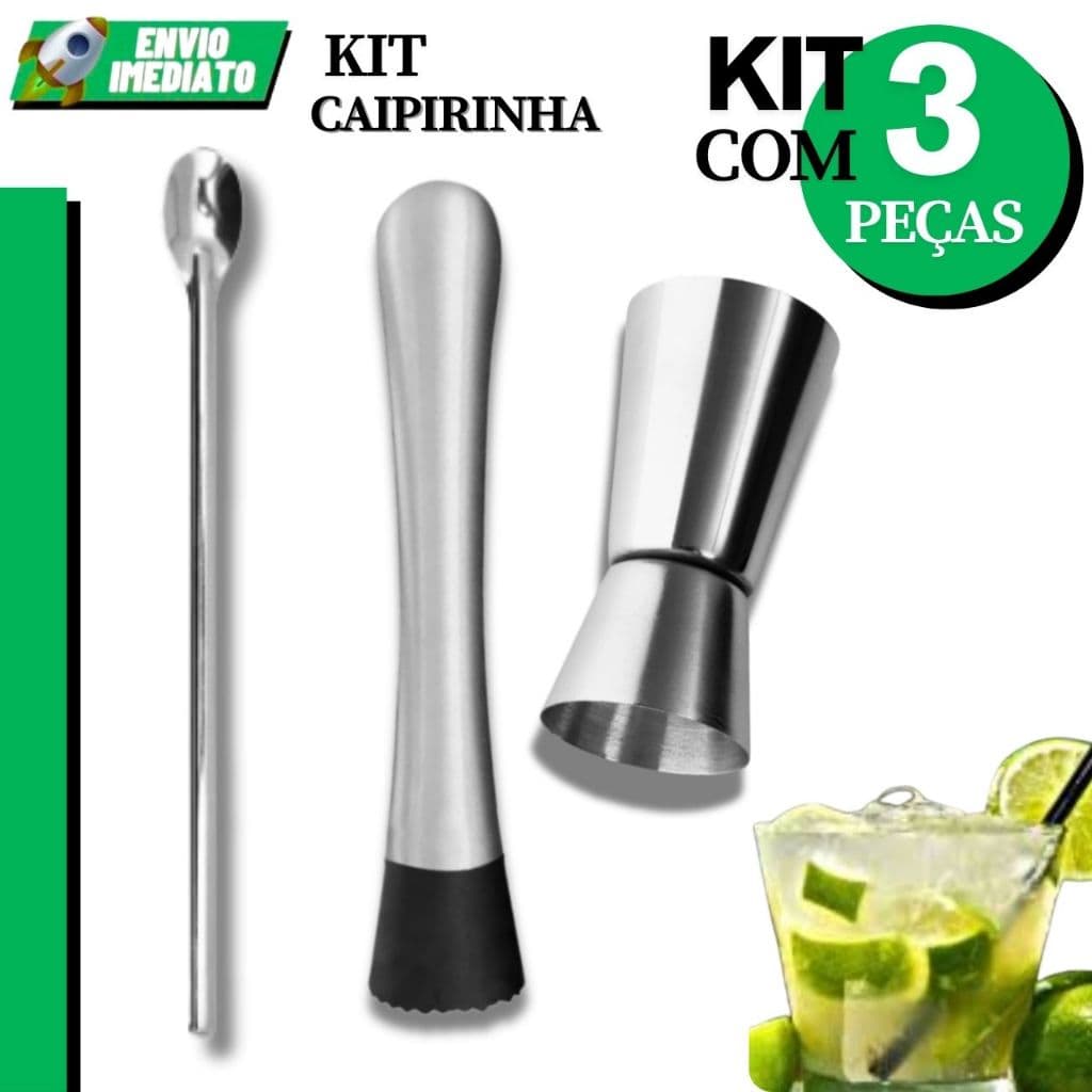 Kit Caipirinha Dosador Socador Colher Bailarina Inox 3 Peças - Macerador Dosador Alta Qualidade
