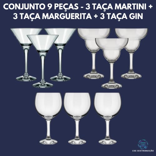 Jogo de Taças para Drinks 9 Peças - 3 Taça Martini + 3 Taça Marguerita + 3 Taça Gin
