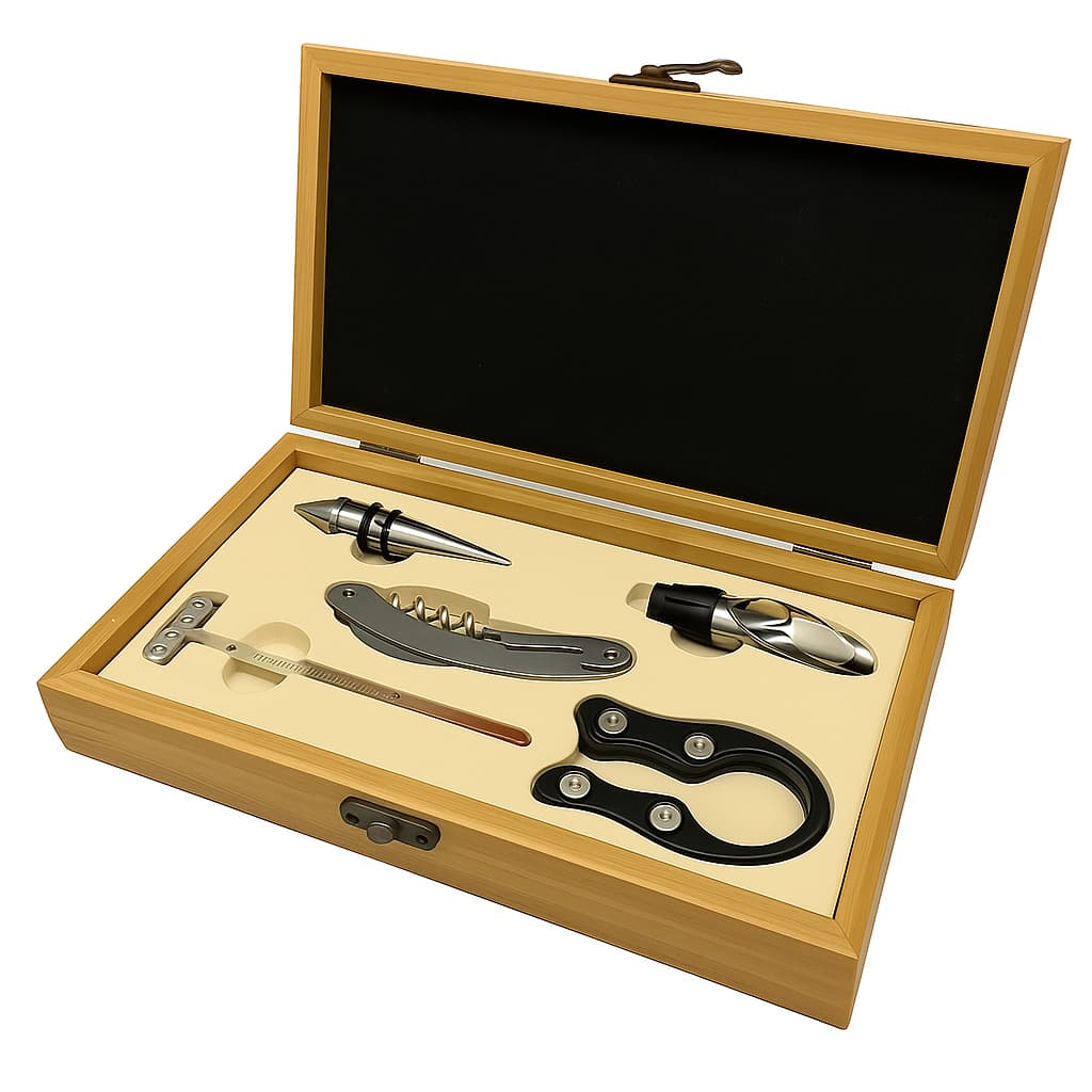 Kit Vinho 5 Peças com Caixa de Bambu | Saca‑rolhas, Dosador, Anel Antigotas, Tampa, Termômetro