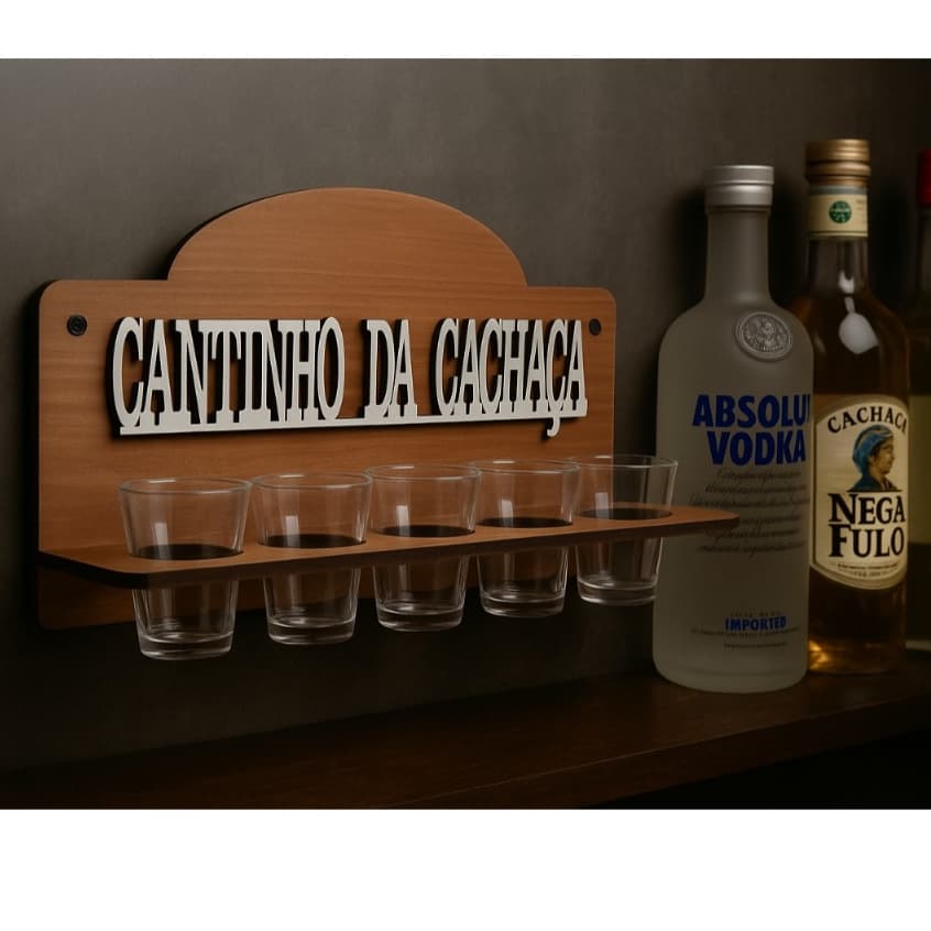 Placa Decorativa Cantinho da Cachaça em mdf com 4 copinho em Acrilico de 60 ml Cantinho da Cachaça