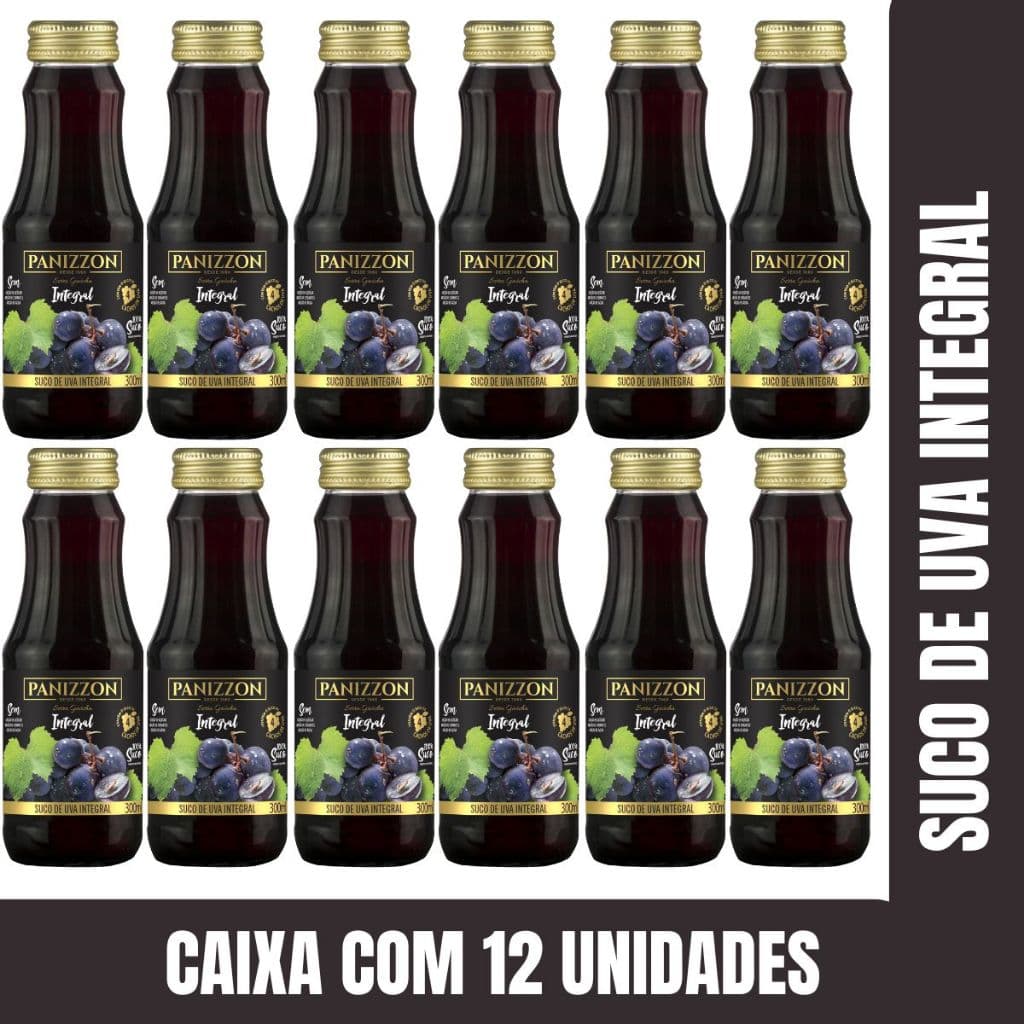 12 Suco de Uva Tinto Integral 100% Suco Panizzon 300ml ou 500ml Vidro Sem açúcar Sem convervantes