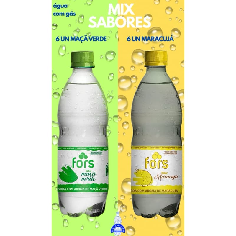 ÁGUA COM GÁS E SABOR: MAÇÃ VERDE E MARACUJÁ- 6 un Água c/ Gás Maçã Verde + 6 Un Água c/ Gás Maracujá Tipo Soda 0% Sódio