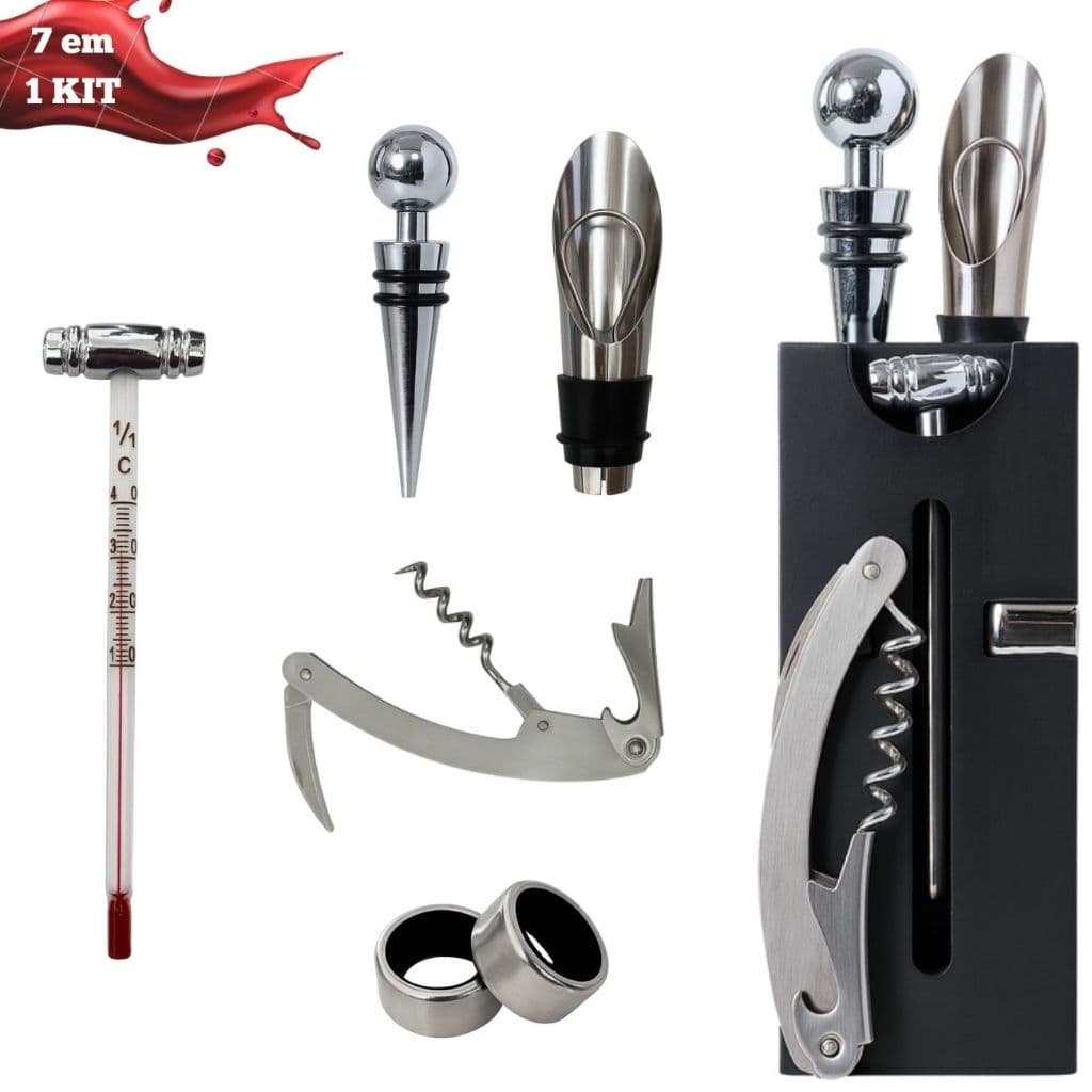 Kit para Vinho 7 Peças Inox Com Saca Rolha Dosador Anel para Respingo e Tampa Hermética e Termômetro