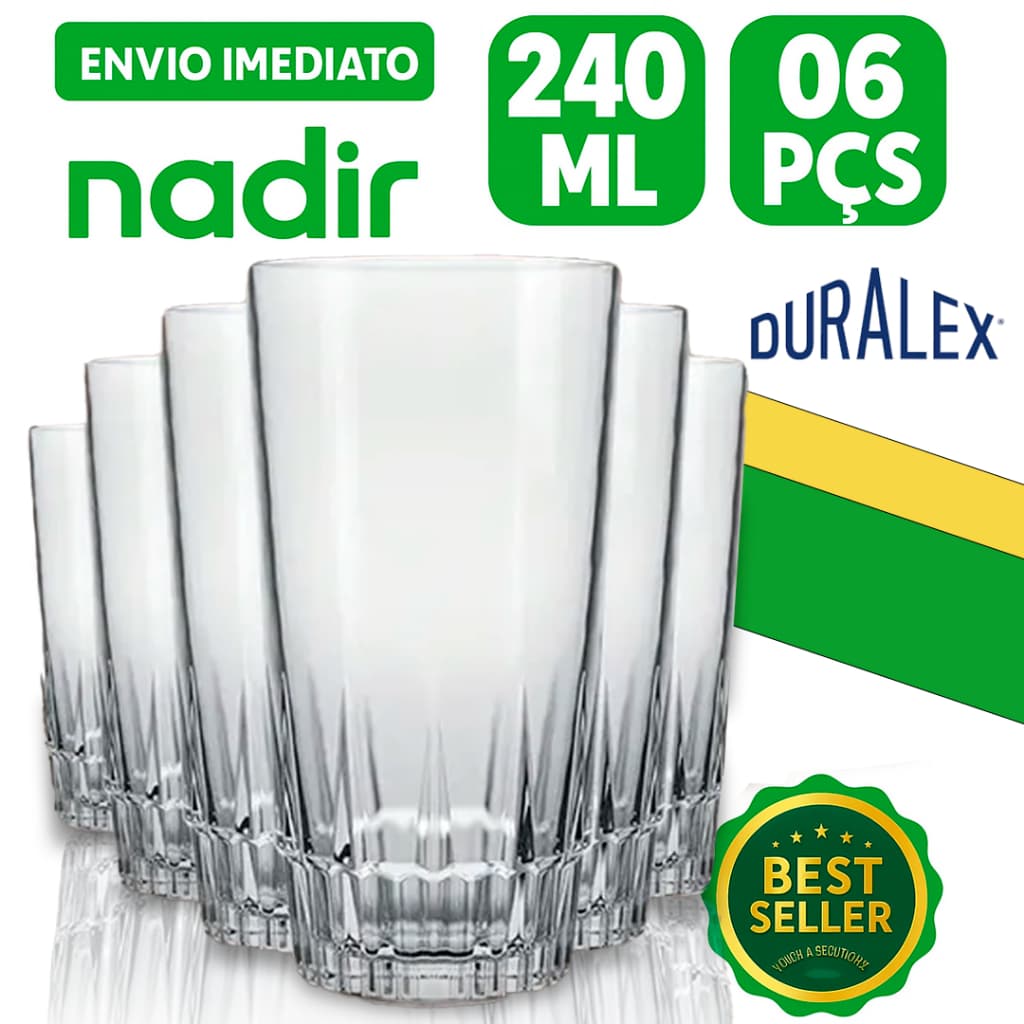 Kit Jogo de 06 Copos de Vidro Resistente Long Drink Nadir Vegas 240ML Long Drink Restaurante Bar