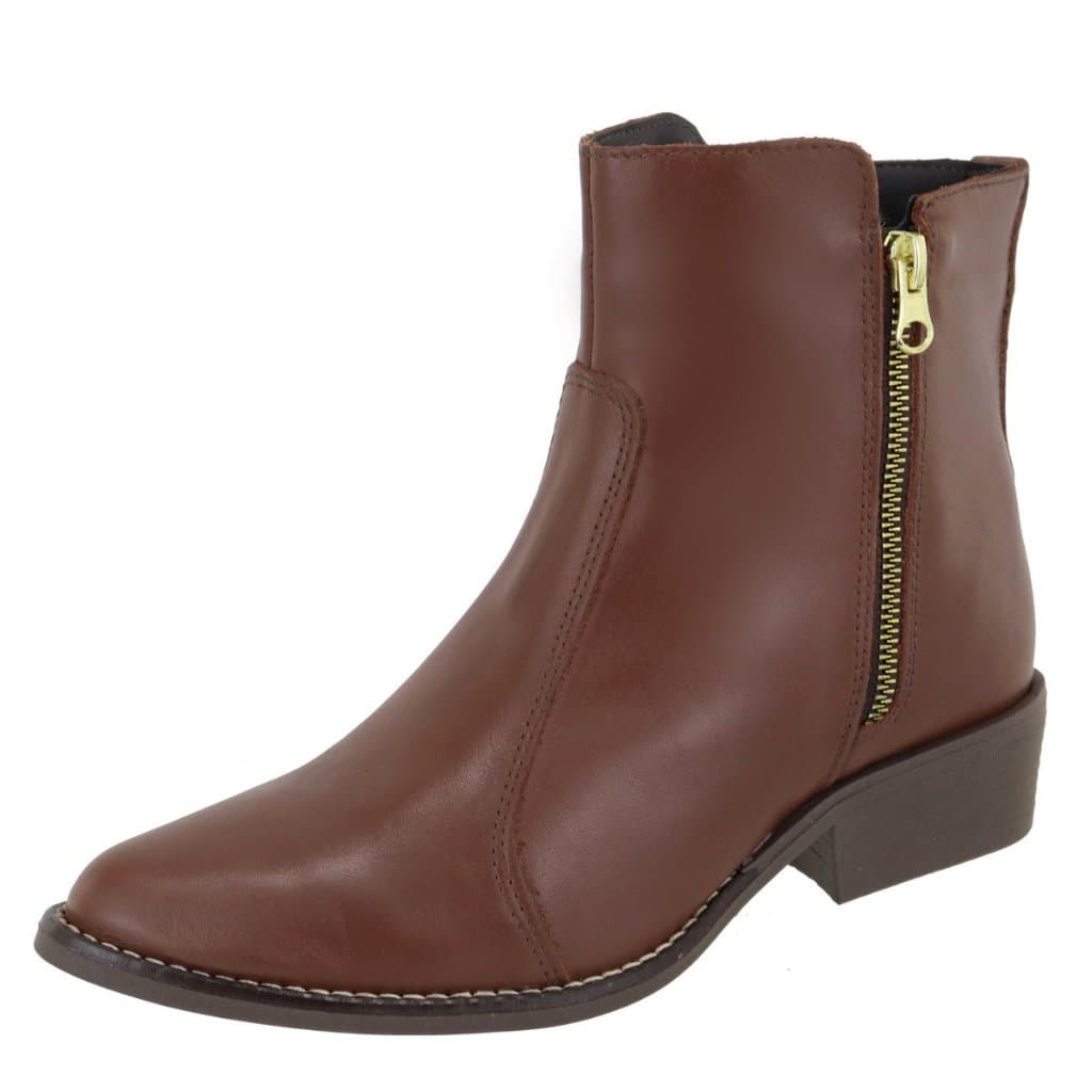 Bota em Couro Legitimo Feminina Cano Curto Zíper Lateral Falso Bico Fino Conhaque Essenza Loja