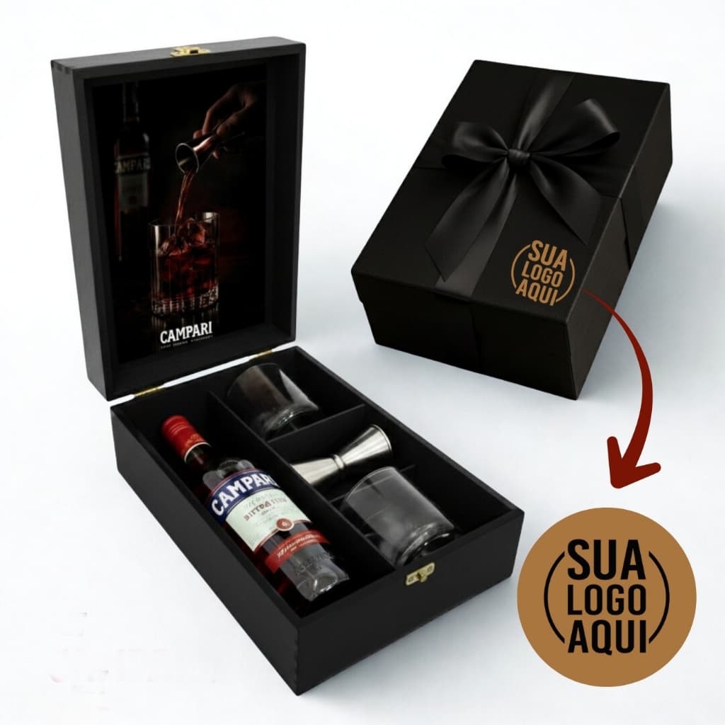Kit Cesta Presente C.A.M.P.A.R.I - Aperitivo Negroni Bitter 750ml- PERSONALIZE COM SUA ARTE OU LOGO!