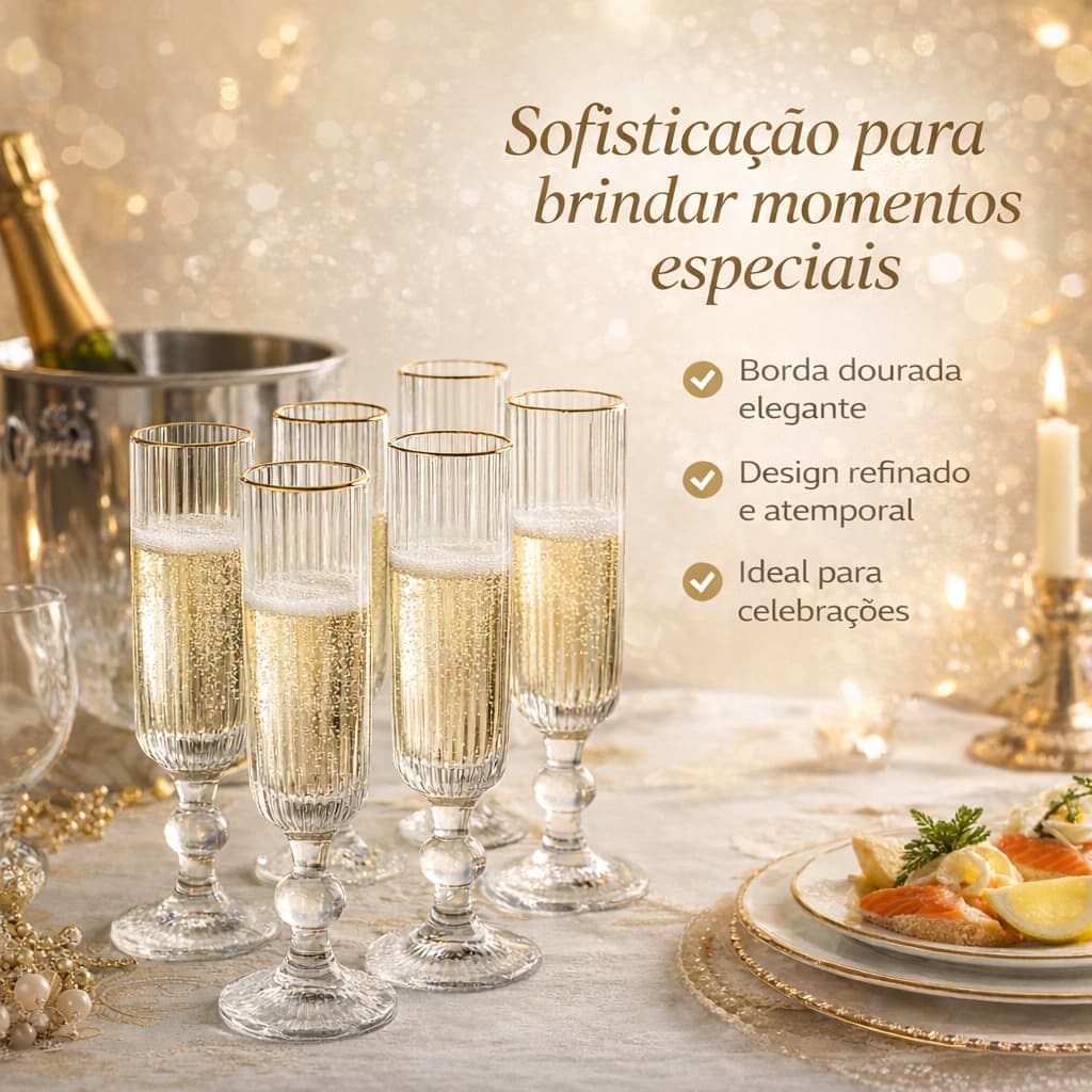 Jogo 6 Taças Champagne Versalhes Gold 170ml Vidro com Borda Dourada | Taça Espumante Elegante