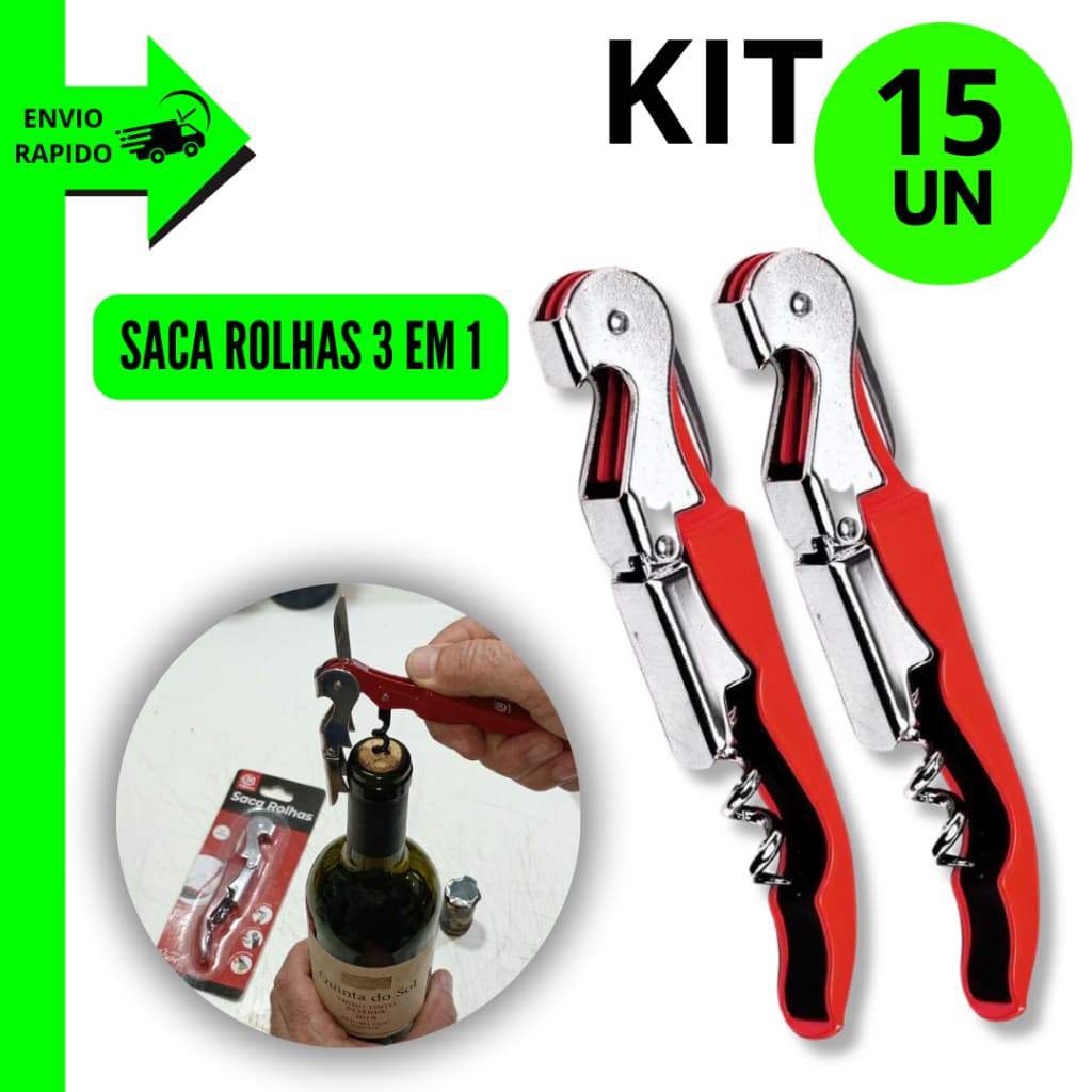 Kit 15/13/11/9 Unidades Saca-Rolhas 3 em 1 Abridor Garrafa Profissional e Cortador Lacre Aço Inox