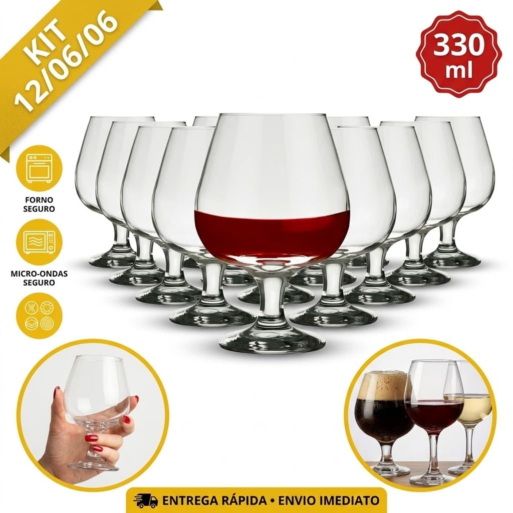 Jogo Kit 12/06/06 Taças de CONHAQUE Vidro Brilhante Nadir 330ml Bebidas Multiuso Drink Buffet Bar