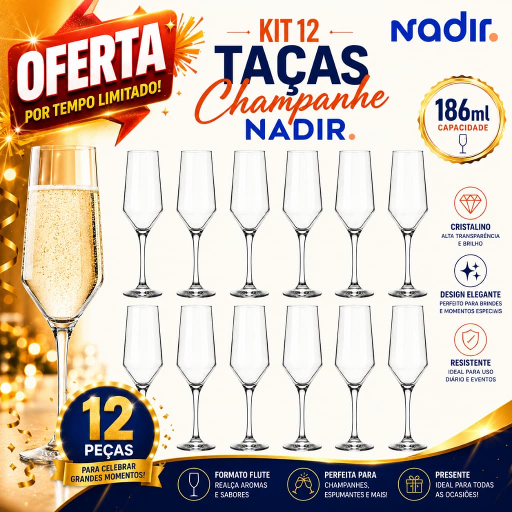 Kit 12 Taças de Champanhe Espumante 186ml Vidro Taça Buffet Nadir Figueiredo