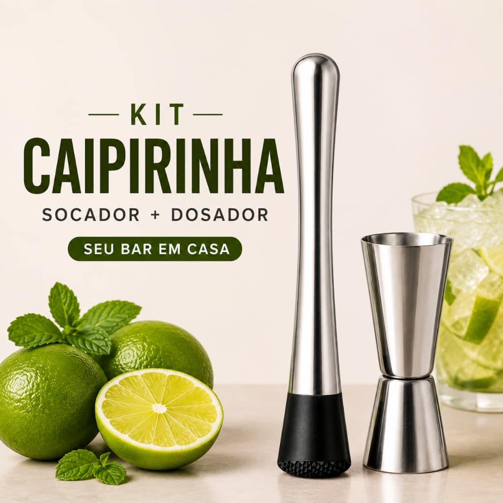 KIT CAIPIRINHA COMPLETO SOCADOR + DOSADOR INOX KIT DRINKS BAR EM CASA 30/60ML