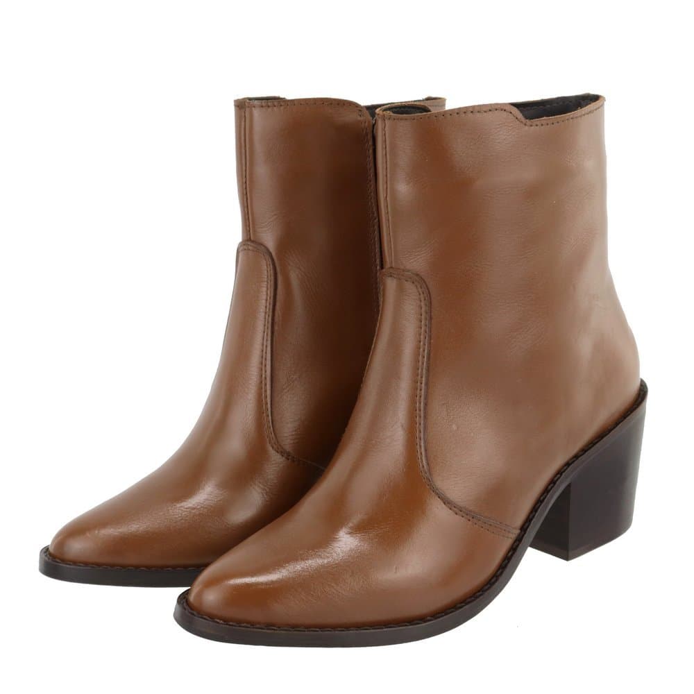 Bota Salto Bico Fino Feminina Couro Legitimo Conhaque Cano Curto Estilosa Confortável Essenza Loja