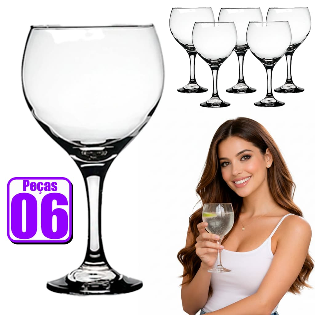 Kit Jogo 6 Taças Gin 630ml – Taças de Vidro Elegantes para Gin