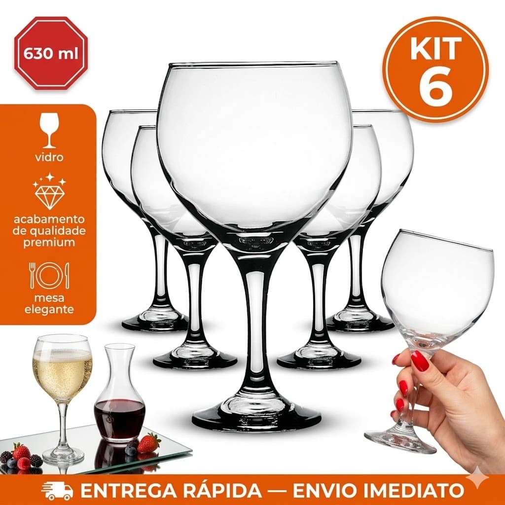 Kit Jogo 6 Taças para  Gin 630ml – Taças de Vidro Elegantes para Gin, Drinks e Festas 630 ml transparente Pronta Entrega