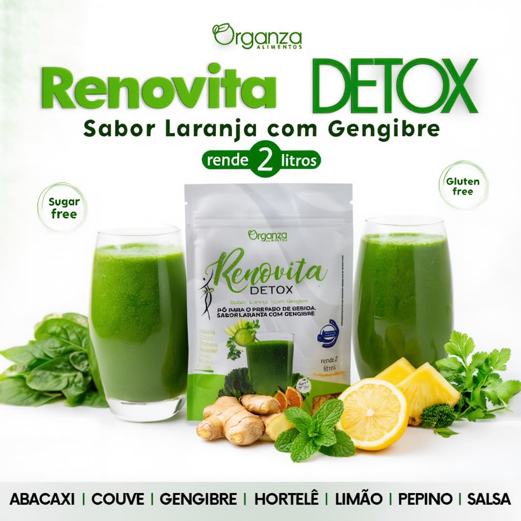 Suco Detox Refinax/Renovita 200g Organza Alimentos Rende 2L Organza antioxidante Suco Verde Gengibre