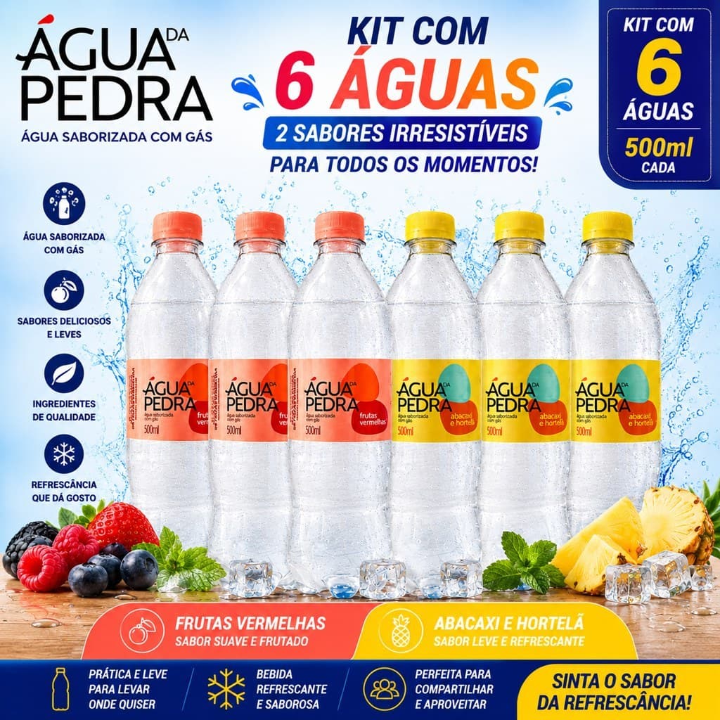 Água Mineral Com Gás Saborizada Frutas Vermelhas Abacaxi Água Da Pedra Garrafa 6x500Ml