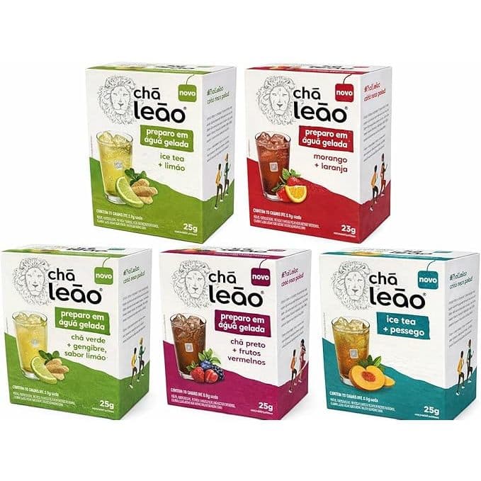 Chá Leão Kit com 5 Caixas de Chá Gelado, 10 Sachês Cada, Sabores Variados