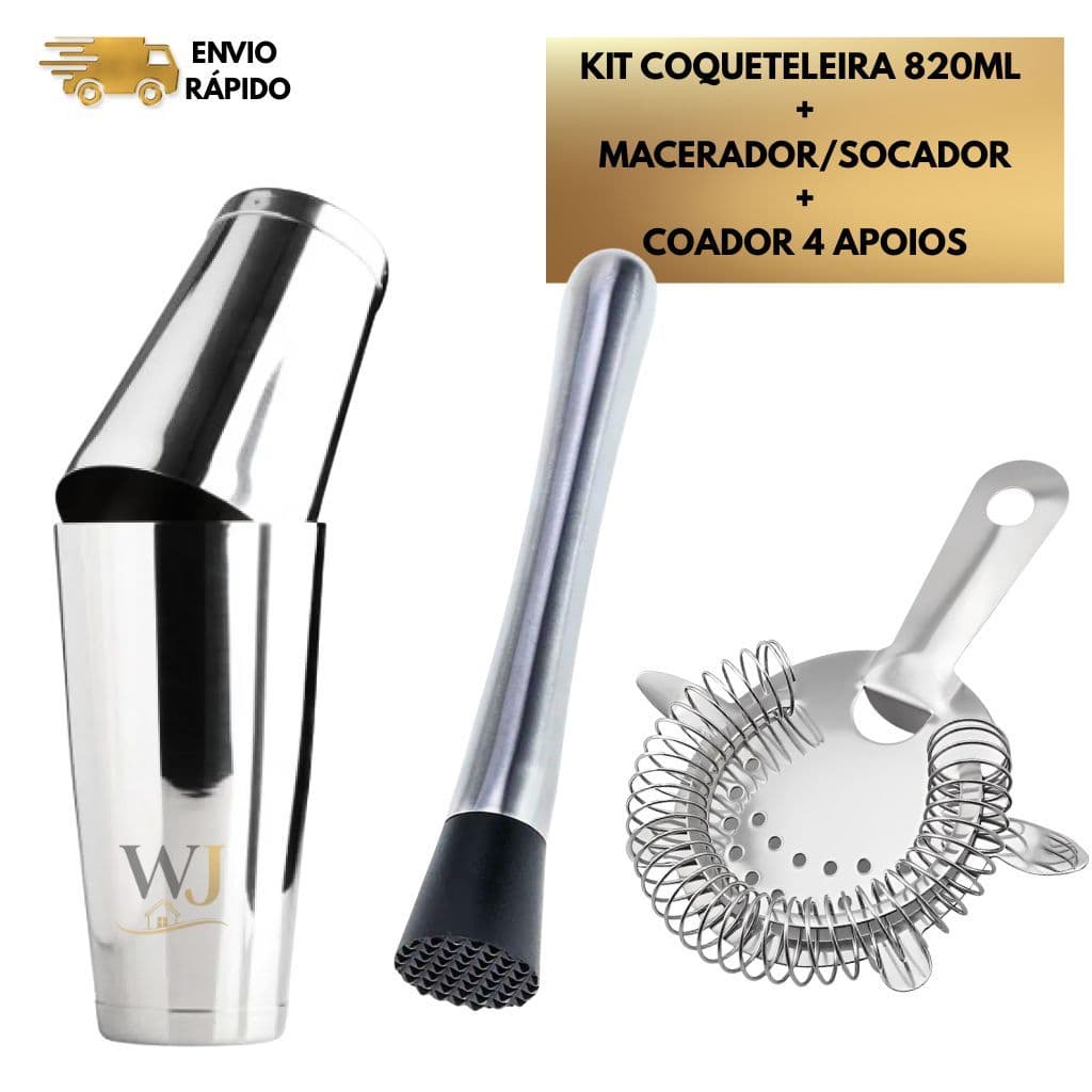 Kit Coqueteleira Boston Inox + Macerador/Socador + Coador 4 Apoios | Kit Bartender Drinks Bar Caipirinha Profissional