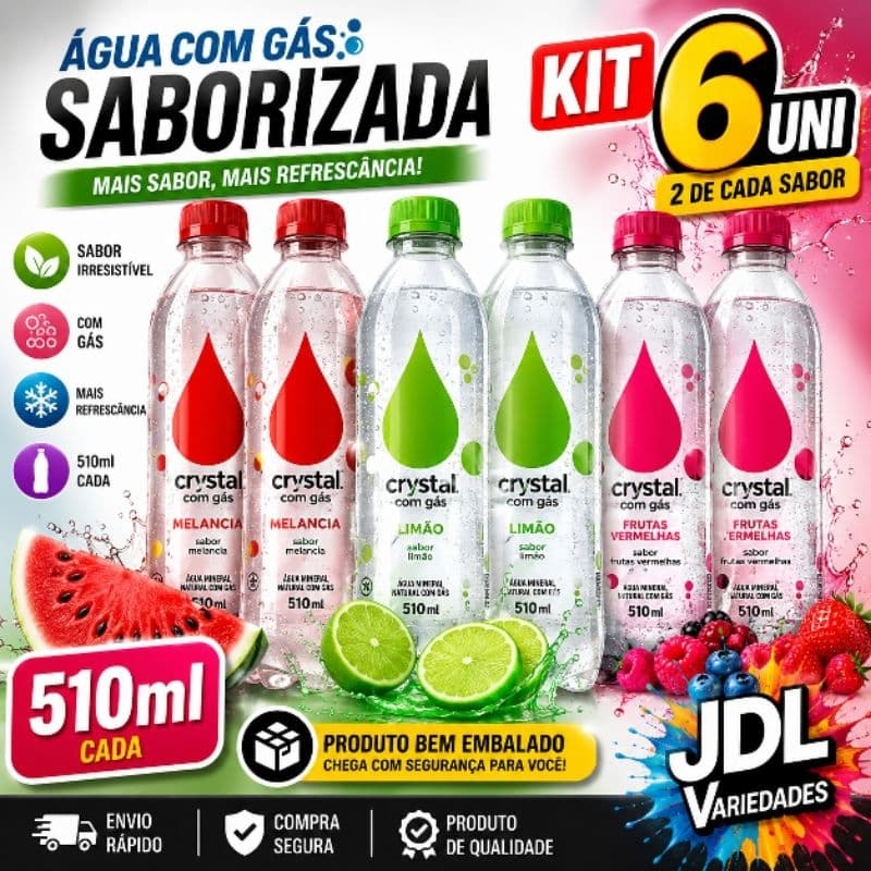 kit c/6uni sortidas água saborizada crista 510mll,água com gás , gaseificada melancia,frutas, limão, tangerina