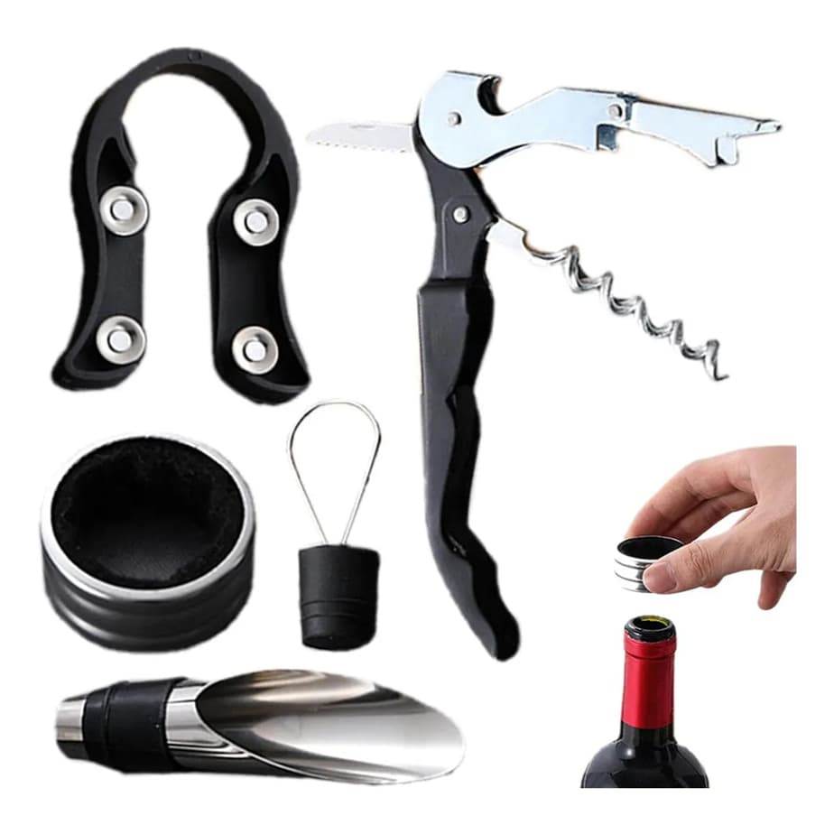 Kit Acessórios para Vinho 5 Peças em Aço Inox – Saca-Rolhas, Aerador, Rolha e Cortador de Lacre