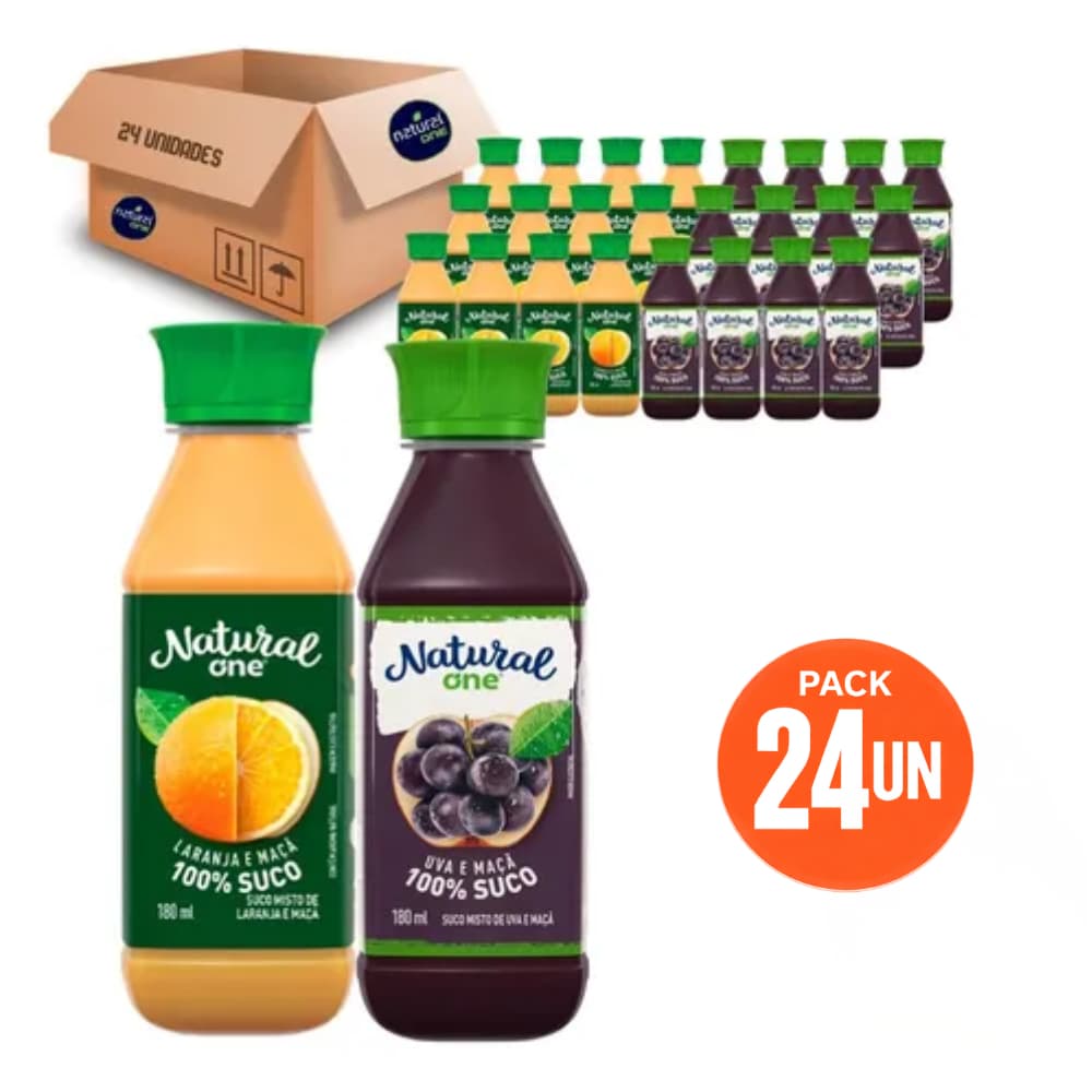 Combo Suco Natural One 24x180ml 100% Suco – Uva Maçã + Laranja Maçã, Ideal para Lancheira