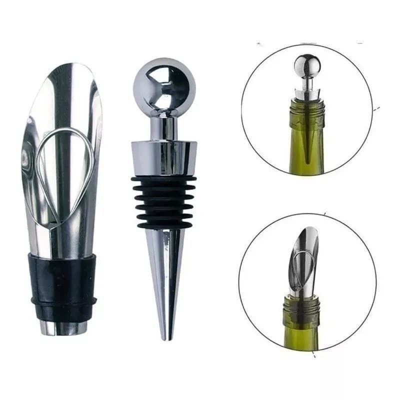 Kit Vinho - Bico Dosador aerador Corta Gotas Com Tampa Vinho Champagne Inox