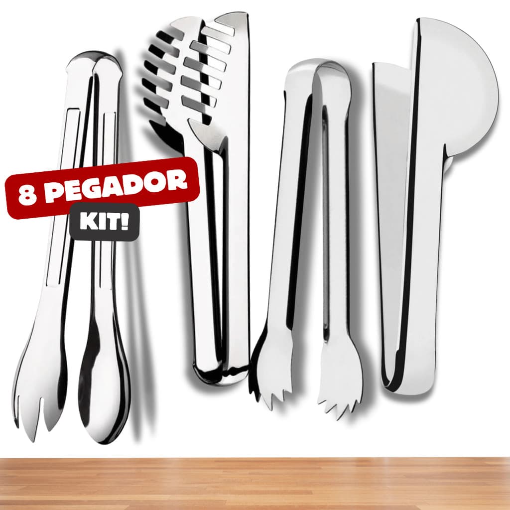 Kit 8 Pegadores Inox Pegador de Massa 20cm Pegador de Salada 20cm Pegador Universal 20cm Pegador de Gelo 18,5cm