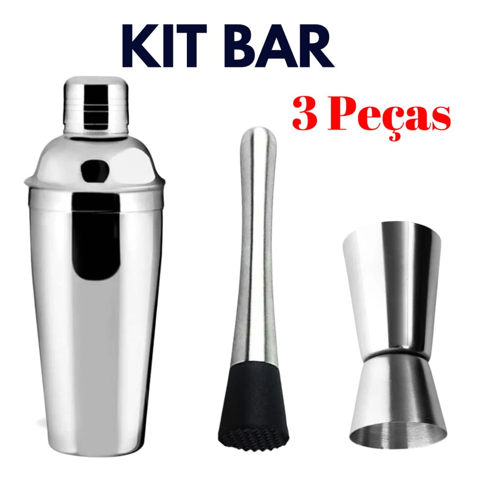 Kit Coqueteleira De Inox Com Socador E Dosador Duplo 25 e 50 Ml Para Bebidas Drink Caipirinha Bar Restaurantes e bar