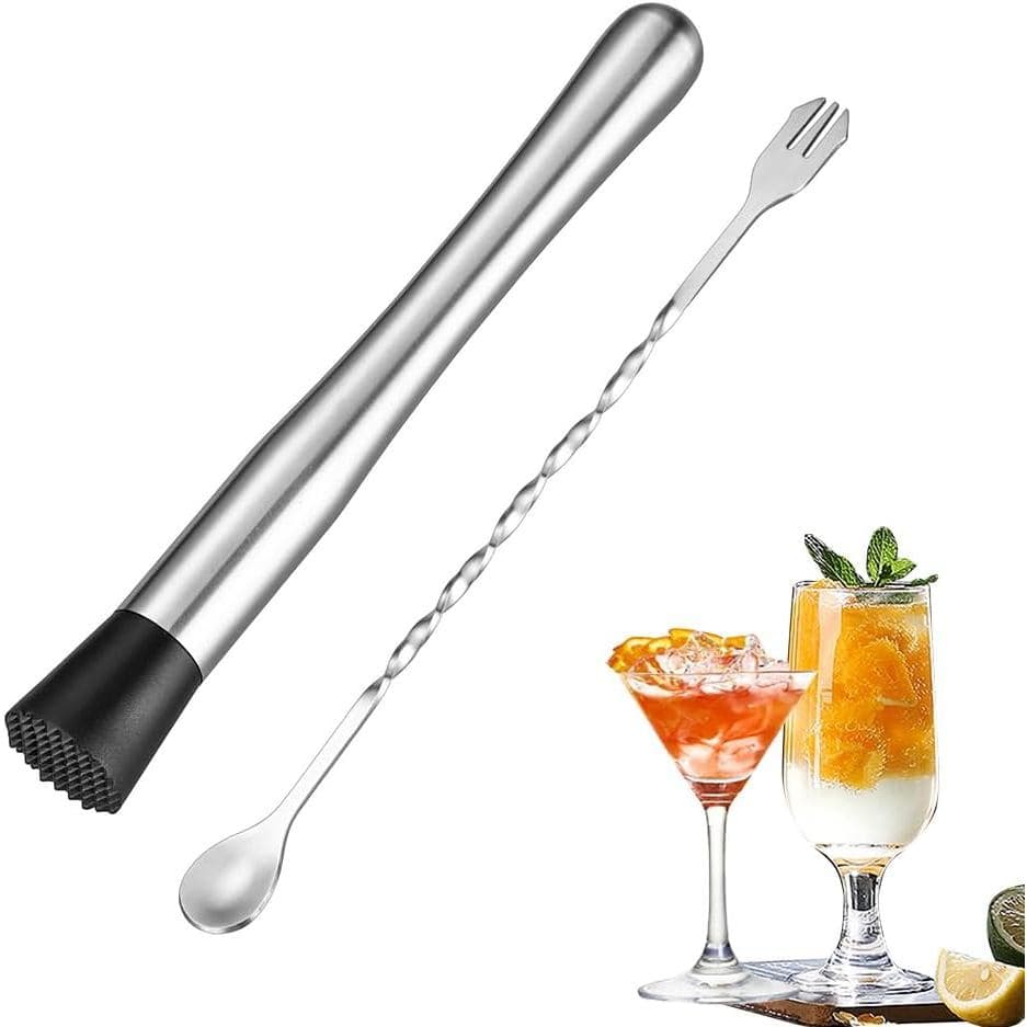 2 Peças de Muddler para Coquetéis, Muddler de 10 Polegadas e Colher de Bar de 8 Polegadas, Acessórios de Coquetel em Aço