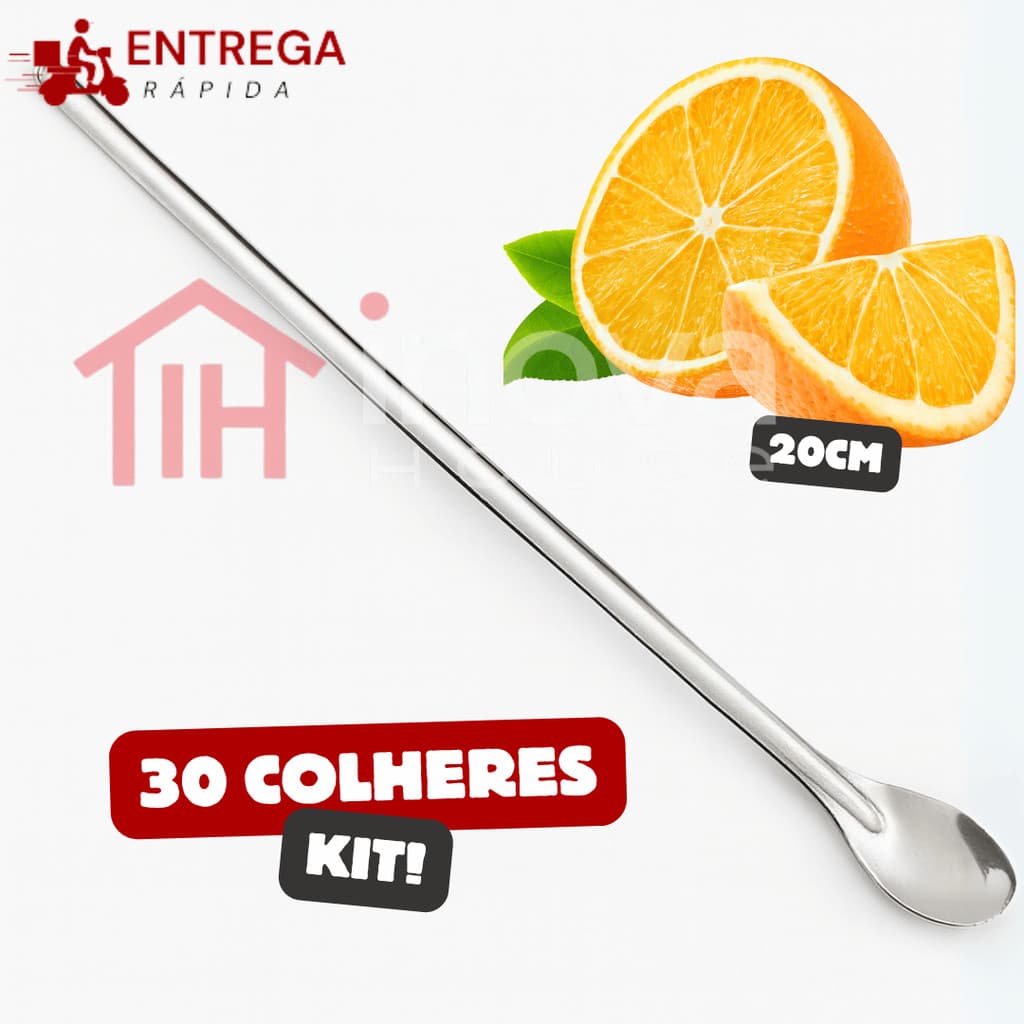 Kit 30 Colher Bailarina Inox 20cm Colher Longa de Suco Drink Colher de Sobremesa Grande Cozinha