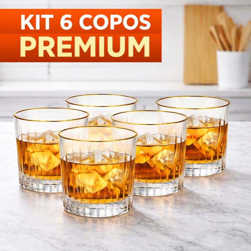 KIT 6 Copos de Vidro 330ml Borda Dourada Copo Whisky Drink Suco Água Copo Baixo Luxo Elegante Resistente