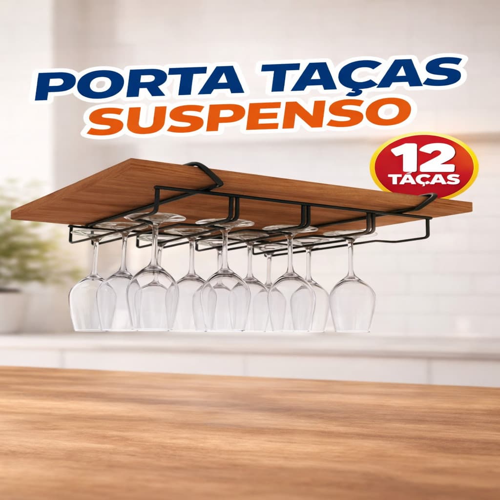Suporte para Taças Suspenso – Organizador de Taças para Armário Cozinha Bar 12 Lugares Aço
