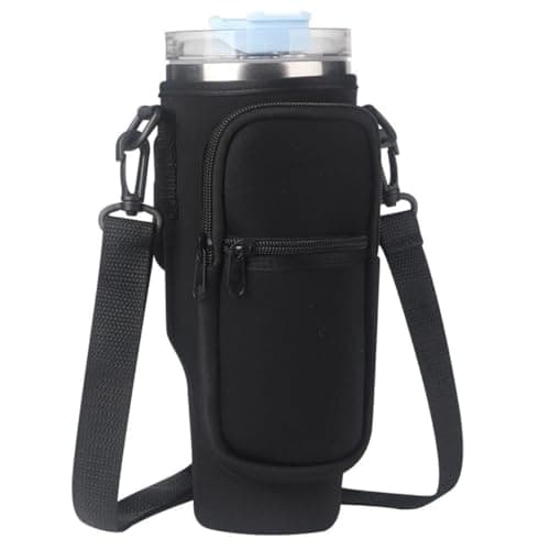 Bolsa Porta Garrafa, Squeeze, Copo Térmico Com Alça Ajustável Shoulder Bag com bolso para celular, de neoprene, com alça ajustável, tampa para canudo e mosquetão (Preto)