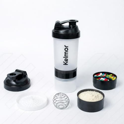 KELMOR Coqueteleira Whey Protein Com Compartimento Shaker Academia 500ml BPA Free Com Mola Misturadora Vedação Segura Para Pré E Pós Treino Suplementos Cápsulas Portátil (Transparente)