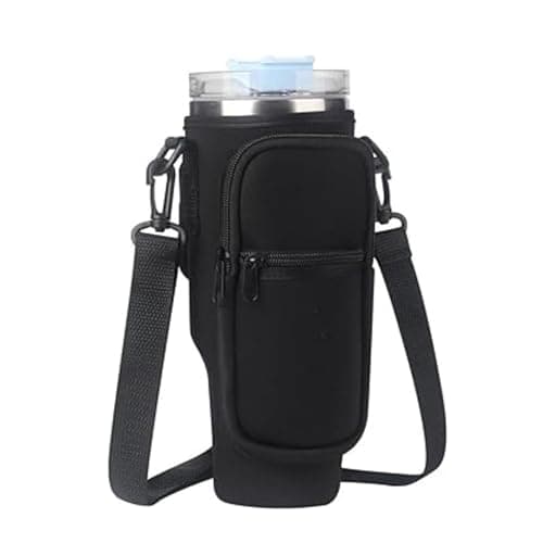 Bolsa Porta Garrafa, Squeeze, Copo Térmico Com Alça Ajustável Shoulder Bag com bolso para celular, de neoprene, com alça ajustável, tampa para canudo e mosquetão (Verde Claro) (Preto)