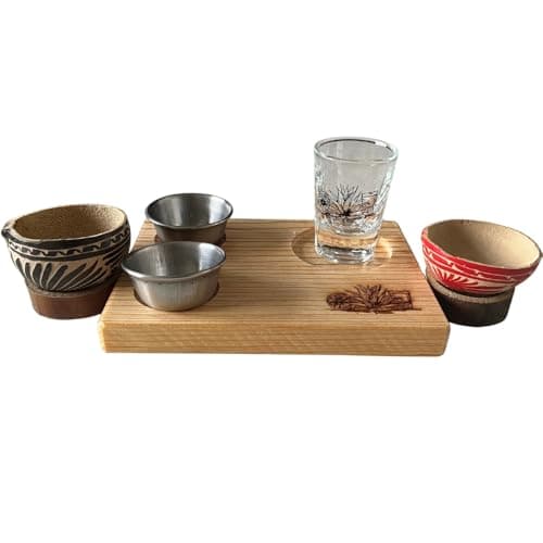 Conjunto de degustação de mezcal e tequila premium – Bandeja de madeira de pinheiro com jicaras, copo de shot e salseros de aço inoxidável – Conjunto de presente artesanal de mezcal para destilados e
