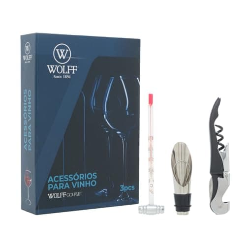 WOLFF - Conjunto 3 Peças de Aço Inox para Vinho com Caixa -Saca-Rolhas, Aerador, Termômetro - Sofisticação e Praticidade em Cada Momento de Degustação