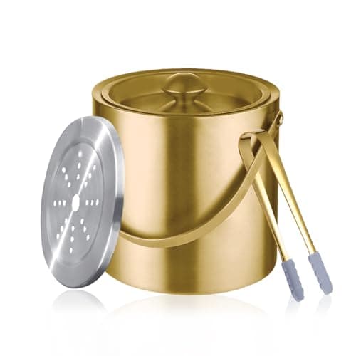 Sipoyen Balde de gelo dourado com tampa, alça e pinça de aço inoxidável isolado balde de champanhe 3L balde de vinho para bar de festa acessórios de carrinho grande balde de parede dupla mantenha