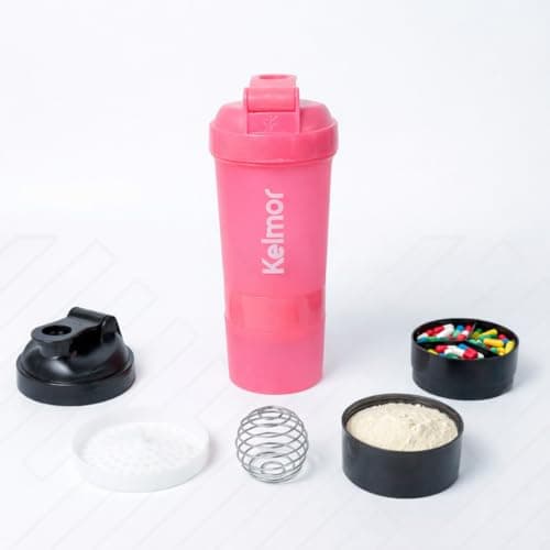 KELMOR Coqueteleira Whey Protein Com Compartimento Shaker Academia 500ml BPA Free Com Mola Misturadora Vedação Segura Para Pré E Pós Treino Suplementos Cápsulas Portátil (Rosa com glitter)